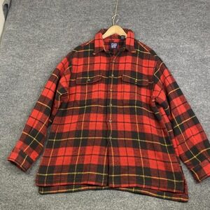 Vintage GAP Jacket Mens Large Red Black Plaid Wool Blend Flannel Button Up 90s